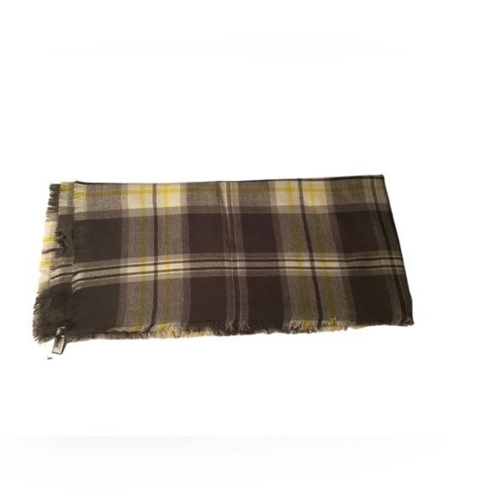 Express Plaid Print Scarf Wrap Academia Grey Yellow Cabincore Yellow Brown Boho - Picture 2 of 7